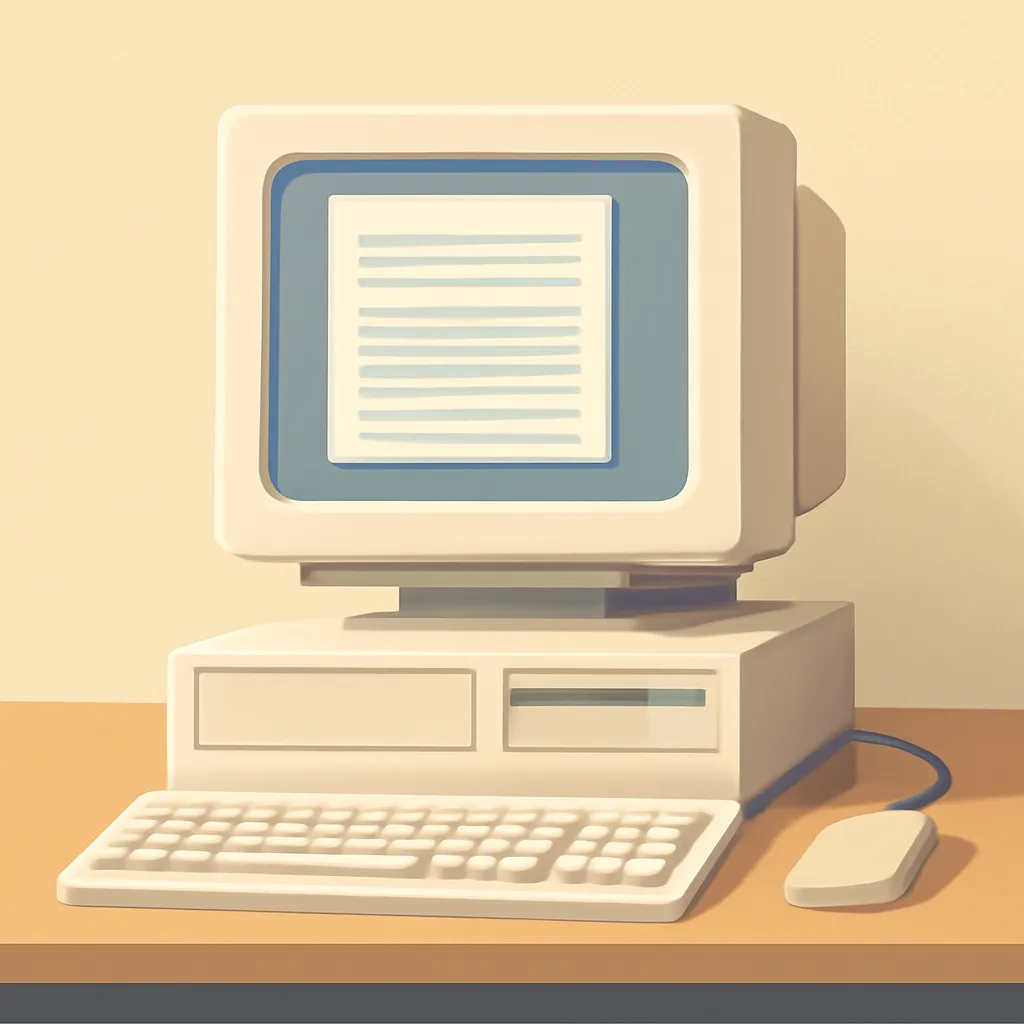 Computador de mesa antigo mostrando um documento de texto na tela
