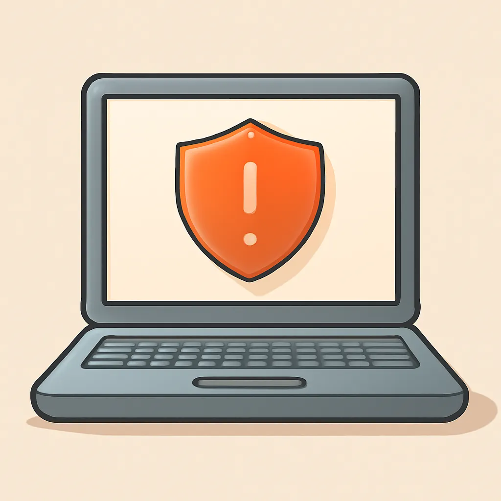Notebook antigo com um símbolo de alerta de segurança, indicando software sem suporte
