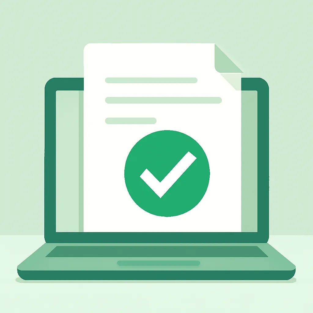 Notebook com um documento aberto funcionando corretamente e um sinal de confirmação verde