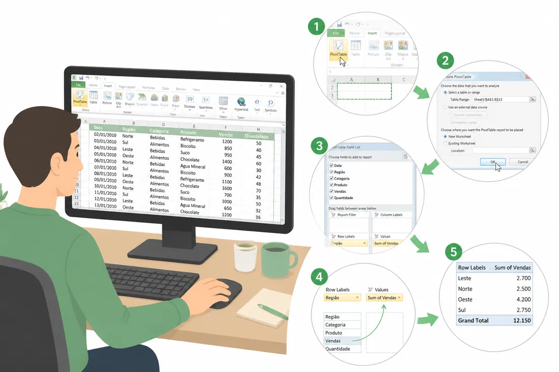 Ilustração: Como fazer tabela dinâmica no Excel 2010